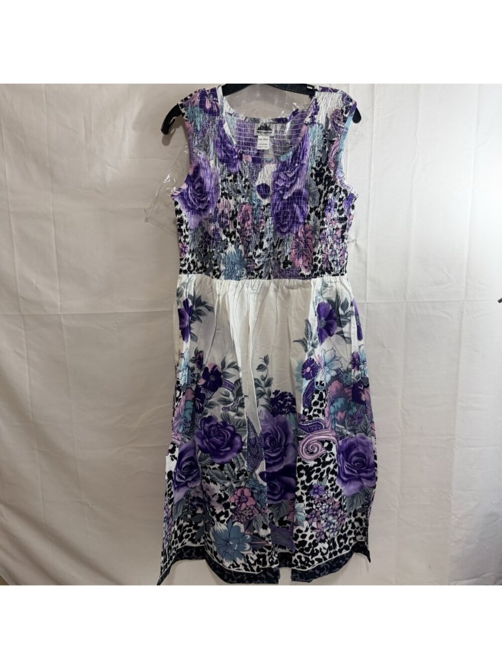Metropolitan White Purple Floral Print Midi A-line 100% Cotton Large